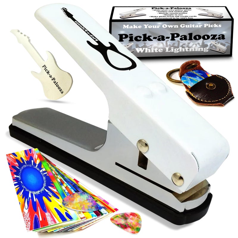 Pick-a-Palooza DIY Guitar Picks Punch Mega Pack - Custom Pick Maker for Musicians - Features Leather Key Chain Holder, Pick Strips with Artwork & File - Unique Gifts for Men & Women - White Punch - Image 1
